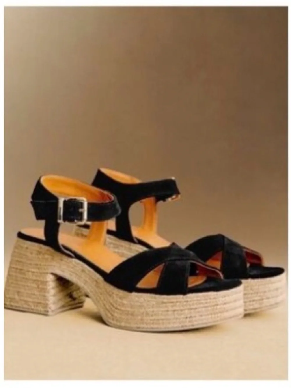 Sezane Black Suede Espadrille Platform Sandals - Women. Size 41